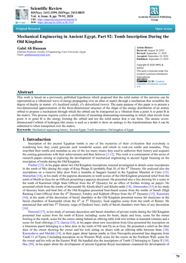 Scientific Review Mechanical Engineering in Ancient Egypt, Part 92: Tomb Inscription During the Old Kingdom Abstract 1. Introduc