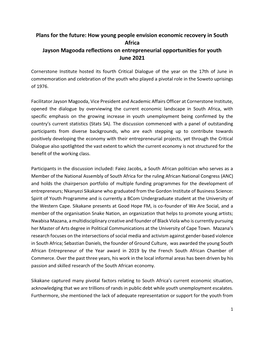 Plans for the Future: How Young People Envision Economic Recovery in South Africa Jayson Magooda Reflections on Entrepreneurial Opportunities for Youth June 2021