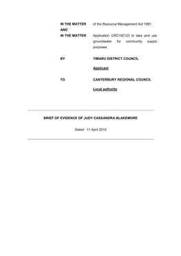 IN the MATTER of the Resource Management Act 1991 and in the MATTER Application CRC192123 to Take and Use Groundwater for Community Supply Purposes