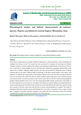 Phenological Studies and Habitat Characteristic of Endemic Species Nepeta Oxyodonta in Central Zagros Mountains, Iran