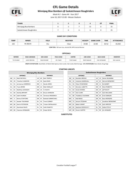 CFL Game Details Winnipeg Blue Bombers @ Saskatchewan Roughriders Week #-2 - Game #4 - Year 2017 June 10, 2017-21:00 - Mosaic Stadium