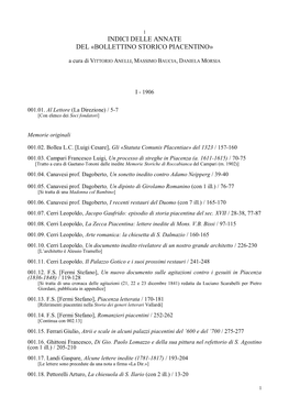 Indici Delle Annate Del «Bollettino Storico Piacentino»