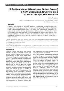 Hibbertia Andrews (Dilleniaceae, Guinea Flowers) in North Queensland, Townsville Area to the Tip of Cape York Peninsula