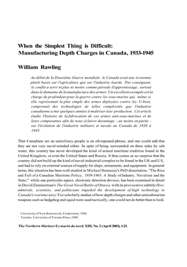 Manufacturing Depth Charges in Canada, 1933-1945 William Rawling