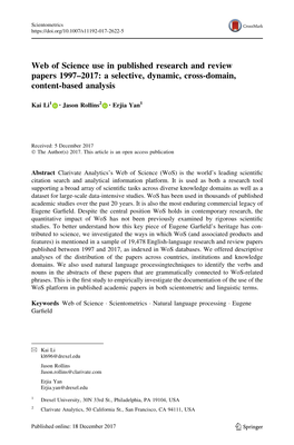 Web of Science Use in Published Research and Review Papers 1997–2017: a Selective, Dynamic, Cross-Domain, Content-Based Analysis