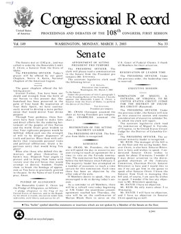 Congressional Record United States Th of America PROCEEDINGS and DEBATES of the 108 CONGRESS, FIRST SESSION