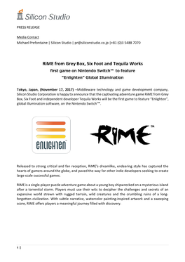 Rime from Grey Box, Six Foot and Tequila Works First Game on Nintendo Switch™ to Feature “Enlighten” Global Illumination