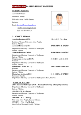 Curriculum Vitae Dr. ABDUL REHMAN KHAN NIAZI