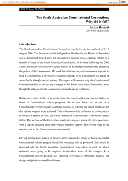 The South Australian Constitutional Convention: Why Did It Fail? ______Jordan Bastoni University of Adelaide