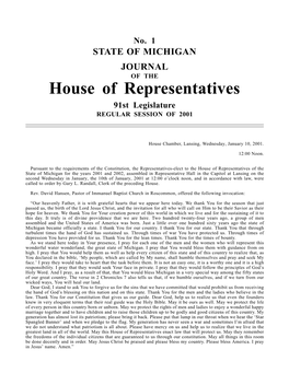 House of Representatives 91St Legislature REGULAR SESSION of 2001