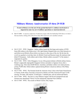 Military History Anniversaries 15 Thru 29 FEB
