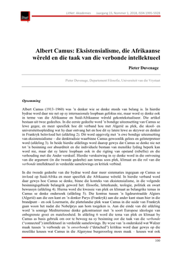 Albert Camus: Eksistensialisme, Die Afrikaanse Wêreld En Die Taak Van Die Verbonde Intellektueel