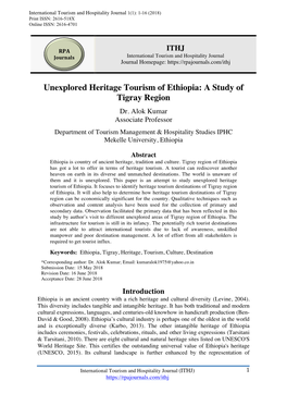 Unexplored Heritage Tourism of Ethiopia: a Study of Tigray Region