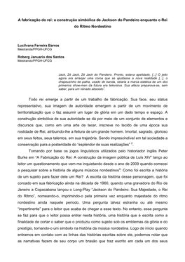 A Construção Simbólica De Jackson Do Pandeiro Enquanto O Rei Do Ritmo Nordestino