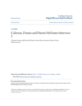 Coleman, Dennis and Harriet Mcfeaters Interview 3 Coleman, Dennis and Harriet Mcfeaters