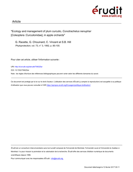 Ecology and Management of Plum Curculio, Conotrachelus Nenuphar [Coleoptera :Curculionidae], in Apple Orchards