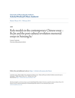 Ba Jin and the Post-Cultural Revolution Memorial Essays in Suixiang Lu/ Larissa Castriotta University of Massachusetts Amherst