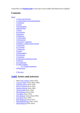 Listed Below Are English People of Note and of Some Notable Individuals Born in England