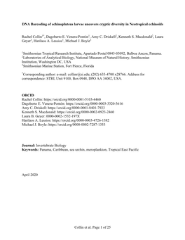 Collin Et Al. Page 1 of 25 DNA Barcoding of Echinopluteus Larvae