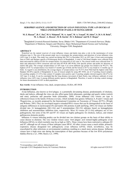 Seroprevalence and Detection of Avian Influenza Type a in Ducks at Nikli and Bajitpur Upazila of Bangladesh