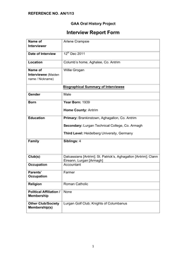 GAA Oral History Project Interview Report Form