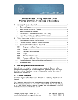 Lambeth Palace Library Research Guide Thomas Cranmer, Archbishop of Canterbury