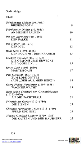 Gedichtfolge Inhalt Unbekannter Dichter (10. Jhdt.) BIENEN-SEGEN 9 Unbekannter Dichter (10. Jhdt.) an MEINEN FALKEN 10 Der Von K