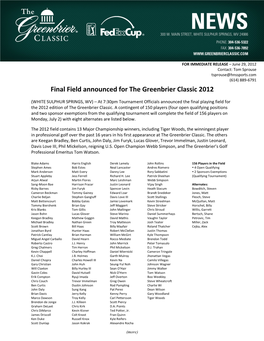 Final Field Announced for the Greenbrier Classic 2012