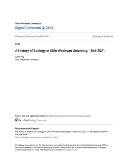 A History of Zoology at Ohio Wesleyan University: 1844-2021