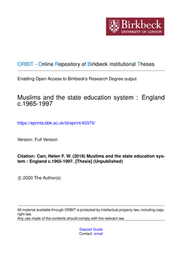 Muslims and the State Education System : England C.1965-1997