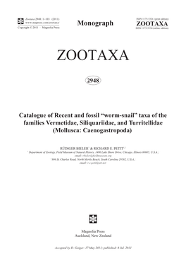 Catalogue of Recent and Fossil “Worm-Snail” Taxa of the Families Vermetidae, Siliquariidae, and Turritellidae (Mollusca: Caenogastropoda)