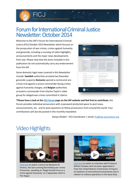 Forum for International Criminal Justice Newsletter: October 2014