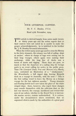 FOUR LIVERPOOL CLIPPERS. by F. C. Beazley, F.S.A. Read 27Th November, 1924