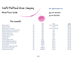 South Portland Wine Company Email: Office@Sopowine.Com Online Price Guide Phone 207.799.9494 Fax 207.799.9496