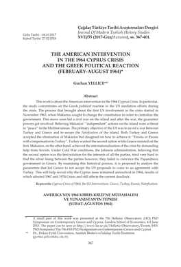 The American Intervention in the 1964 Cyprus Crisis and the Greek Political Reaction (February-August 1964)*