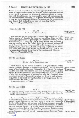 PRIVATE LAW 85-704-AUG. 27, 1958 A159 Provided^ That No Part of The