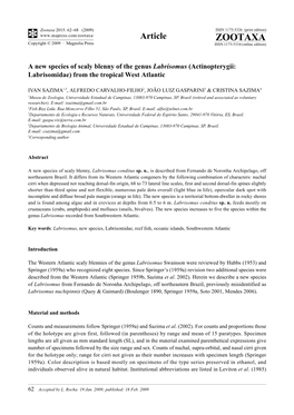 Zootaxa, a New Species of Scaly Blenny of the Genus Labrisomus