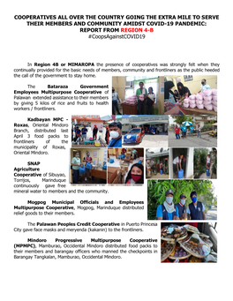 COOPERATIVES ALL OVER the COUNTRY GOING the EXTRA MILE to SERVE THEIR MEMBERS and COMMUNITY AMIDST COVID-19 PANDEMIC: REPORT from REGION 4-B #Coopsagainstcovid19