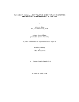 Cannabis in Canada: a Best Practice Guide to Planning for the Legalization of Recreational Marijuana