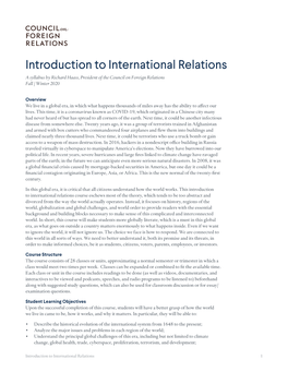 Introduction to International Relations a Syllabus by Richard Haass, President of the Council on Foreign Relations Fall / Winter 2020