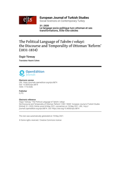 European Journal of Turkish Studies, 31 | 2020 the Political Language of Takvîm-I Vekayi:The Discourse and Temporality of Ot