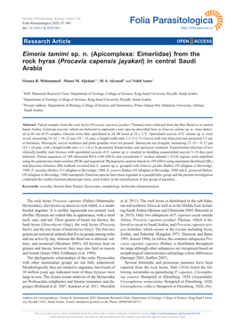 Eimeria Tamimi Sp. N. (Apicomplexa: Eimeriidae) from the Rock Hyrax (Procavia Capensis Jayakari) in Central Saudi Arabia