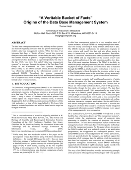 Origins of the Data Base Management System Thomas Haigh