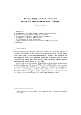 Exercising the Right to Collective Self-Defense? an Analysis of “Japan’S Peace and Security Legislation”