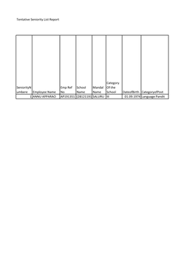 Tentative Seniority List Report Seniorityn Umbere Employee Name Emp Ref No School Name Mandal Name Category of the School Dateof