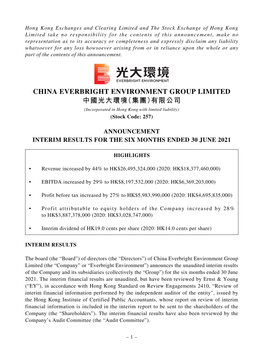 CHINA EVERBRIGHT ENVIRONMENT GROUP LIMITED 中國光大環境（集團）有限公司 (Incorporated in Hong Kong with Limited Liability) (Stock Code: 257)