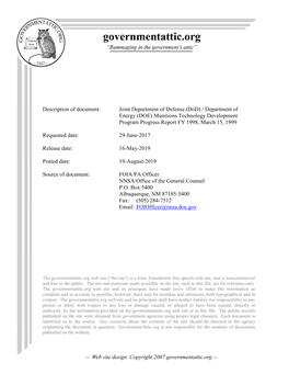 (Dod) / Department of Energy (DOE) Munitions Technology Development Program Progress Report FY 1998, March 15, 1999