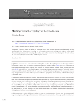 MTO 19.3: Boone, Mashing: Toward a Typology of Recycled Music