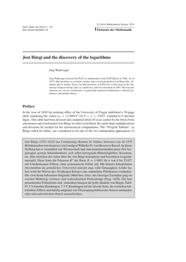 Jost B¨Urgi and the Discovery of the Logarithms 3 Leading Calculating Device for Three Centuries, Would Have Been Missed Altogether