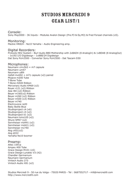 Studios Mercredi 9 Gear LIST/1